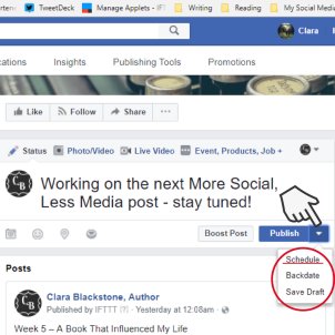 Screenshot of scheduling a Facebook post
