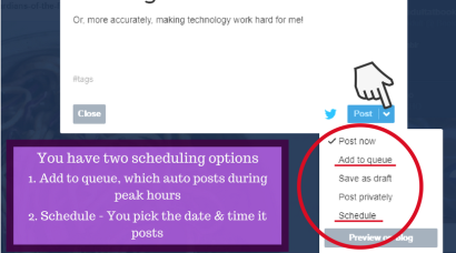Screenshot of scheduling a post on Tumblr. You have two scheduling options. Add to queue, which auto posts during peak hours or schedule, which allows you to choose the date and time of the post.