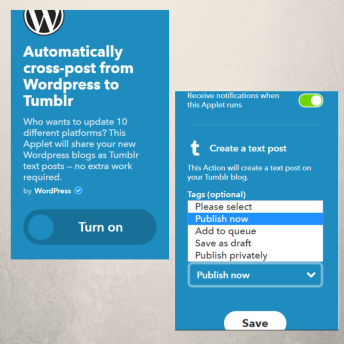 An IFTTT applet connecting WordPress posts to Tumblr